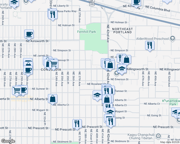 map of restaurants, bars, coffee shops, grocery stores, and more near 5426 Northeast 39th Avenue in Portland