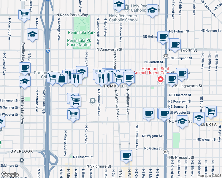 map of restaurants, bars, coffee shops, grocery stores, and more near 330 North Killingsworth Street in Portland