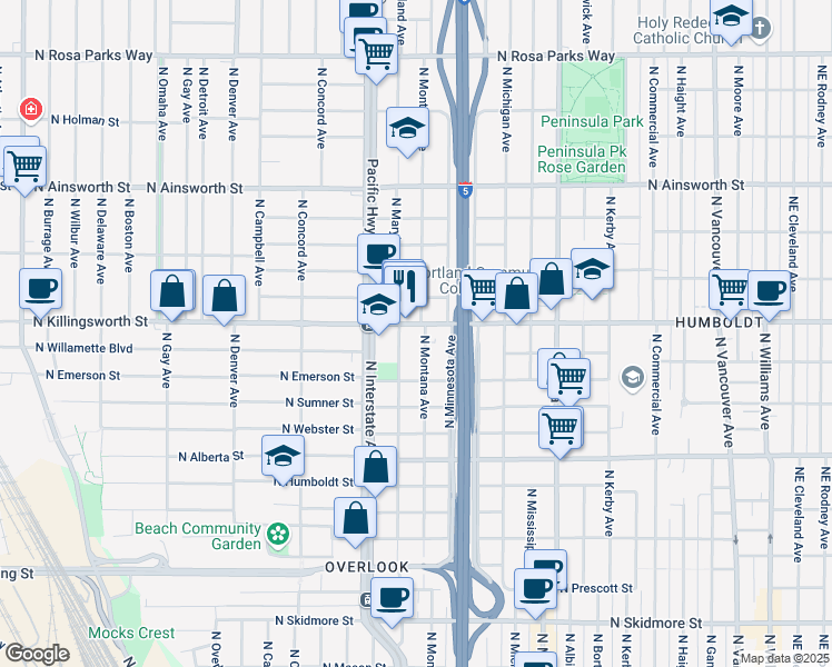 map of restaurants, bars, coffee shops, grocery stores, and more near 1324 North Killingsworth Street in Portland