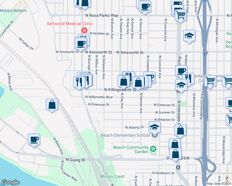map of restaurants, bars, coffee shops, grocery stores, and more near 2316 North Killingsworth Street in Portland