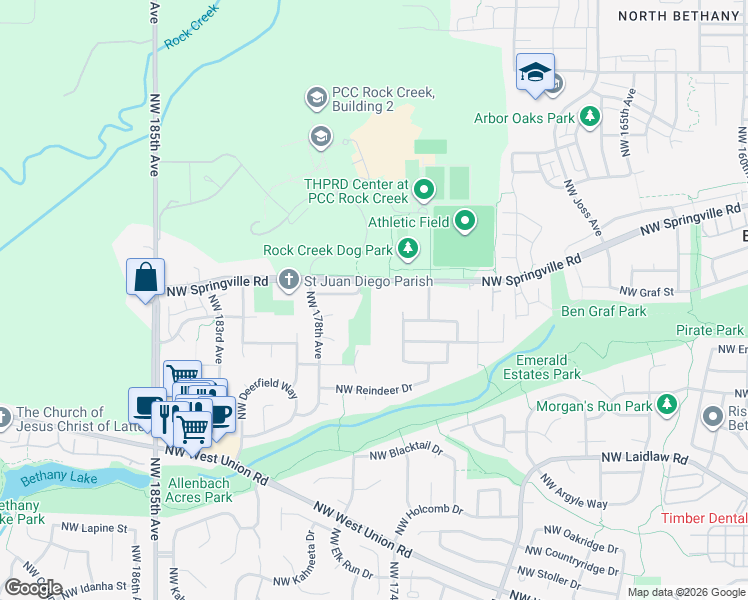 map of restaurants, bars, coffee shops, grocery stores, and more near 17516 Northwest Springville Road in Portland