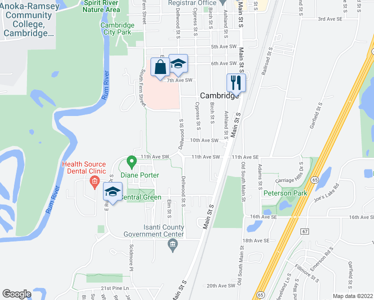 map of restaurants, bars, coffee shops, grocery stores, and more near 462 11th Avenue Southwest in Cambridge