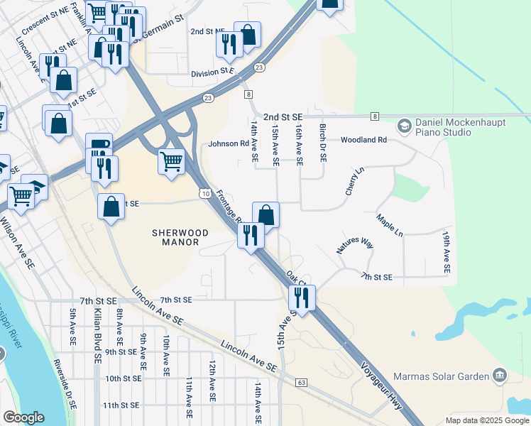 map of restaurants, bars, coffee shops, grocery stores, and more near 503 15th Avenue Southeast in St. Cloud