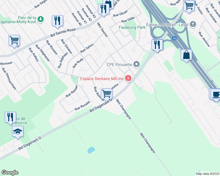 map of restaurants, bars, coffee shops, grocery stores, and more near 4195 Rue Sylvestre in Laval