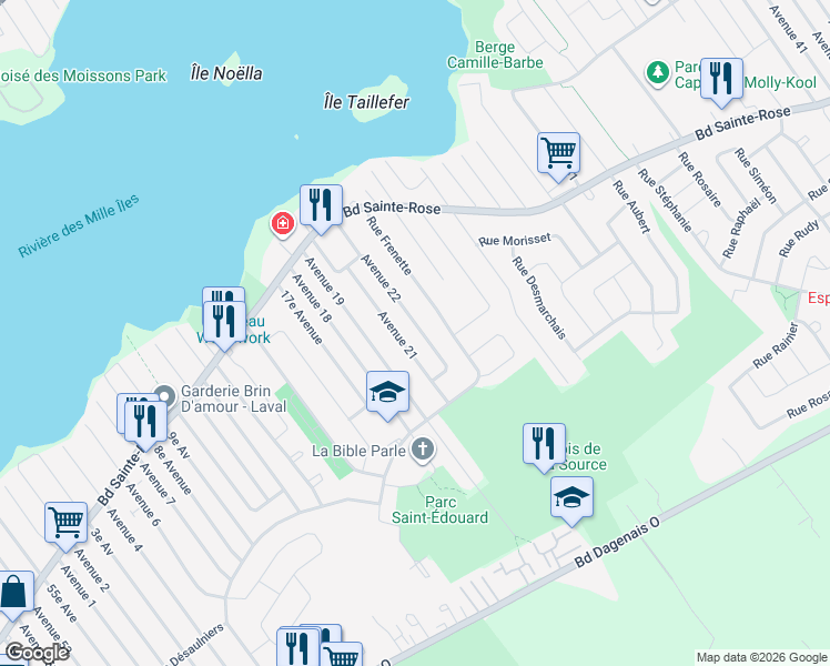 map of restaurants, bars, coffee shops, grocery stores, and more near 970 22e Av in Laval