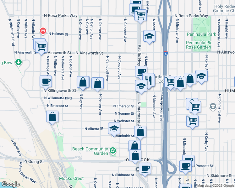 map of restaurants, bars, coffee shops, grocery stores, and more near 5425 North Concord Avenue in Portland