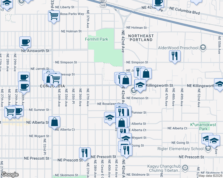 map of restaurants, bars, coffee shops, grocery stores, and more near 5424 Northeast 40th Avenue in Portland