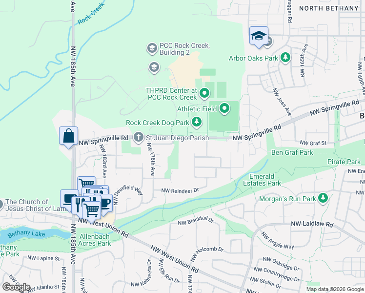 map of restaurants, bars, coffee shops, grocery stores, and more near 17618 Northwest Springville Road in Portland
