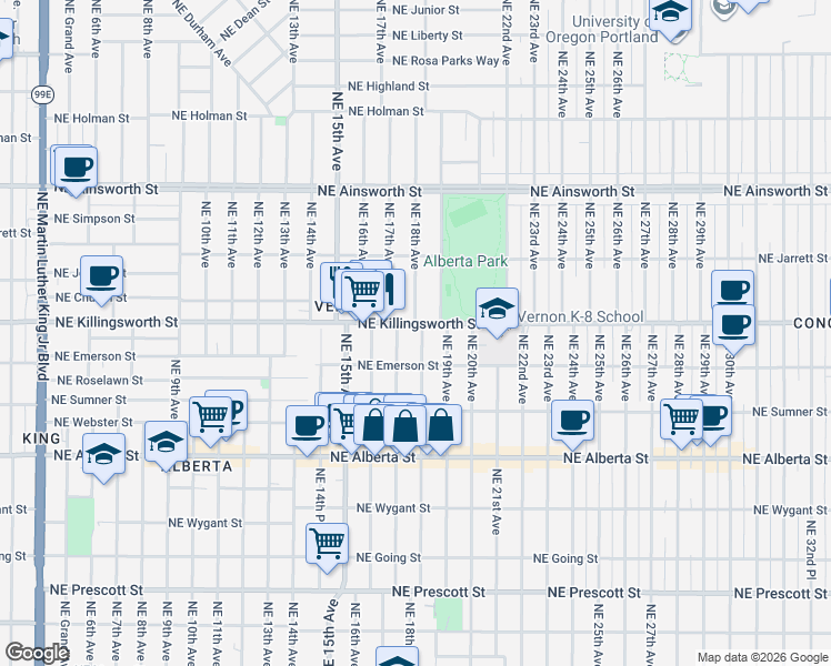 map of restaurants, bars, coffee shops, grocery stores, and more near 5421 Northeast 18th Avenue in Portland