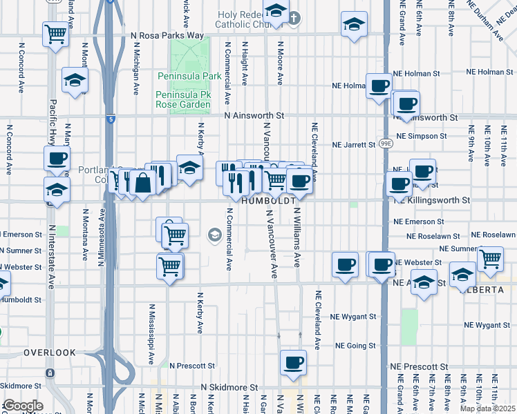 map of restaurants, bars, coffee shops, grocery stores, and more near 330 North Killingsworth Street in Portland