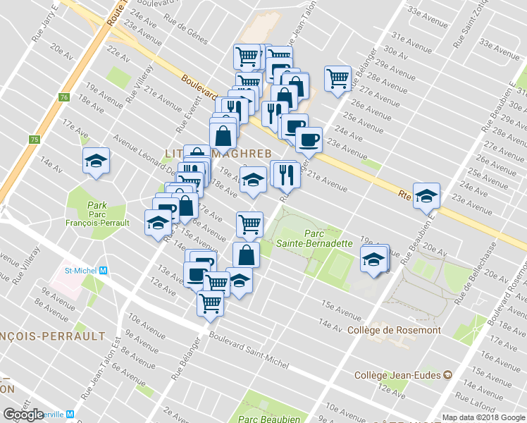 map of restaurants, bars, coffee shops, grocery stores, and more near 6969 18E Avenue in Montreal