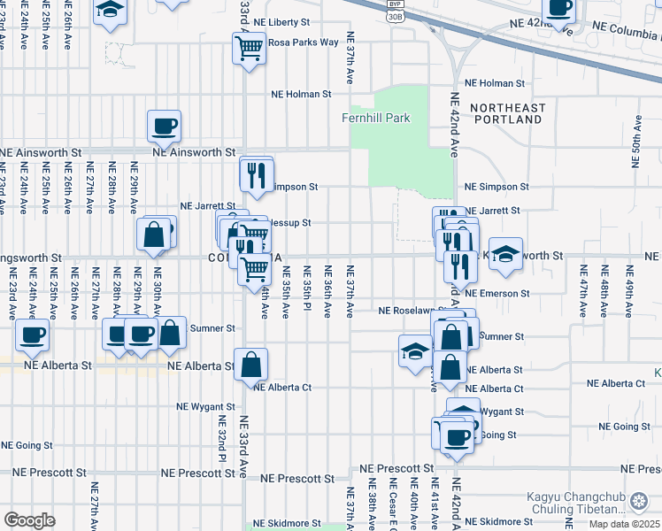 map of restaurants, bars, coffee shops, grocery stores, and more near 5426 Northeast 36th Avenue in Portland
