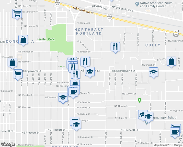 map of restaurants, bars, coffee shops, grocery stores, and more near 4430 Northeast Killingsworth Street in Portland