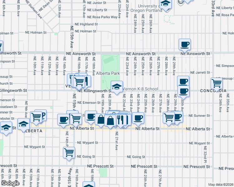 map of restaurants, bars, coffee shops, grocery stores, and more near 2044 Northeast Killingsworth Street in Portland