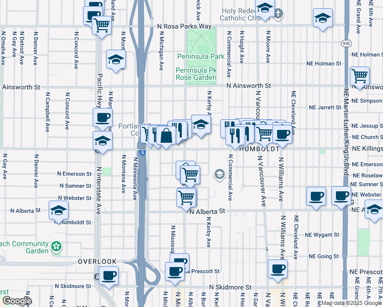 map of restaurants, bars, coffee shops, grocery stores, and more near 714 North Killingsworth Street in Portland