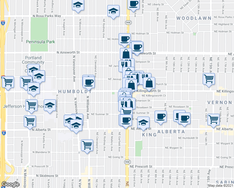 map of restaurants, bars, coffee shops, grocery stores, and more near 5415 Northeast Garfield Avenue in Portland