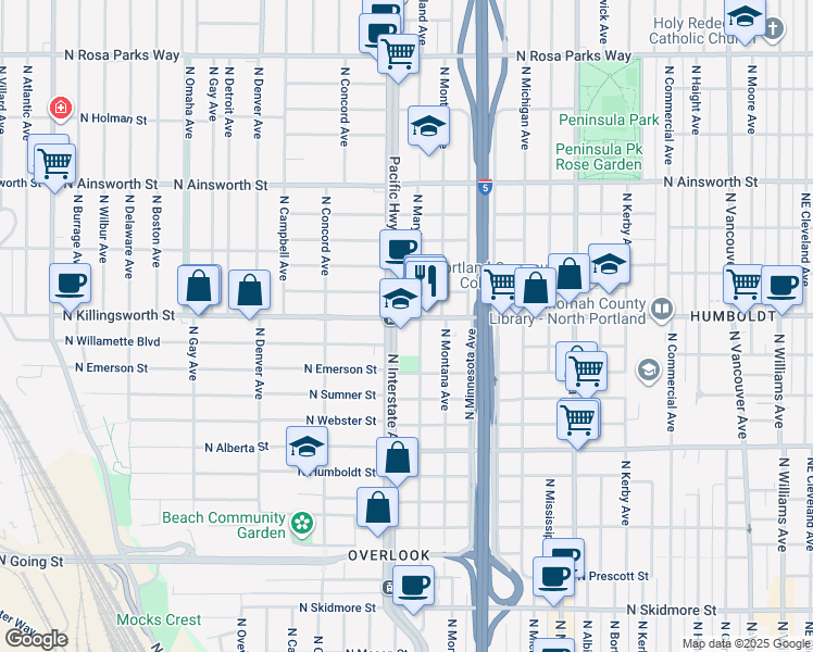 map of restaurants, bars, coffee shops, grocery stores, and more near in Portland