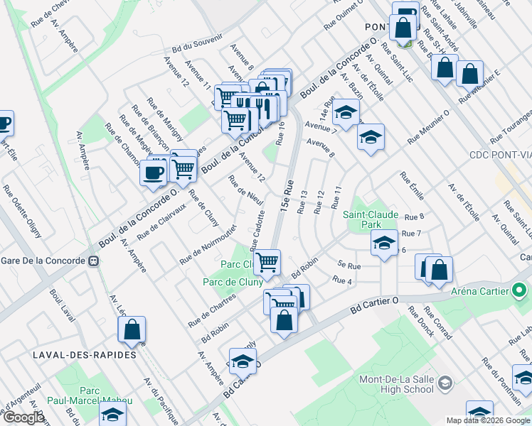 map of restaurants, bars, coffee shops, grocery stores, and more near 274 A Rue Cadotte in Laval