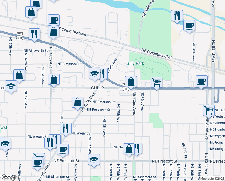 map of restaurants, bars, coffee shops, grocery stores, and more near 6850 Northeast Killingsworth Street in Portland