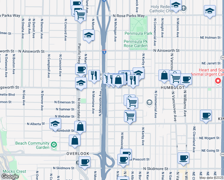 map of restaurants, bars, coffee shops, grocery stores, and more near 1010 North Killingsworth Street in Portland
