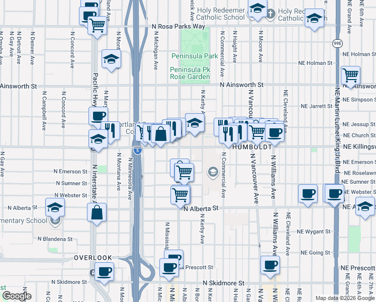 map of restaurants, bars, coffee shops, grocery stores, and more near 708 North Killingsworth Street in Portland