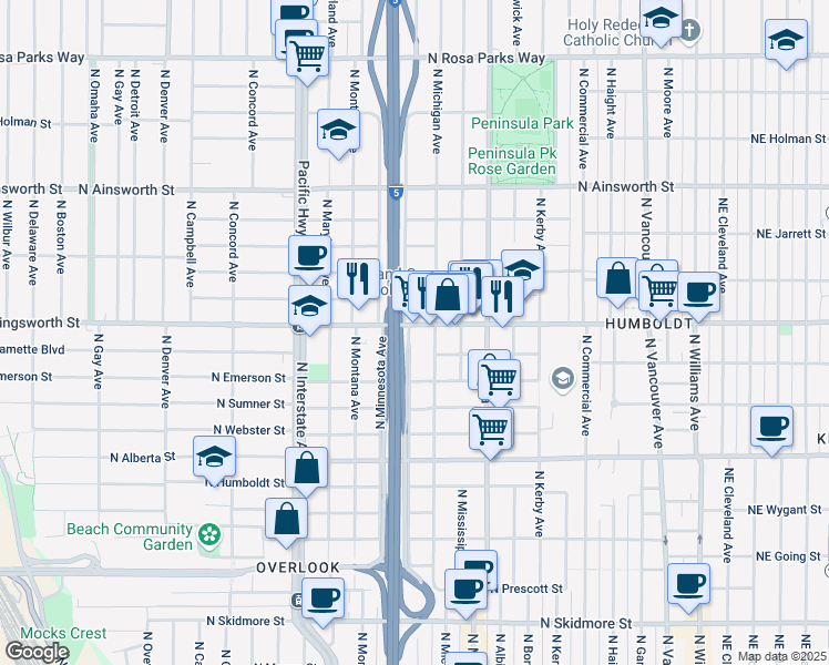 map of restaurants, bars, coffee shops, grocery stores, and more near 1010 North Killingsworth Street in Portland