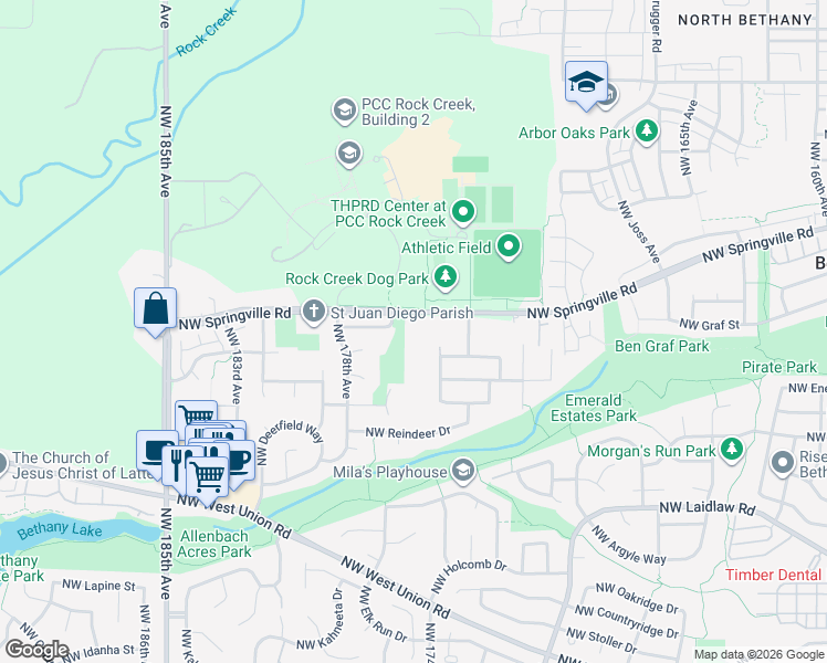 map of restaurants, bars, coffee shops, grocery stores, and more near 17516 Northwest Springville Road in Portland