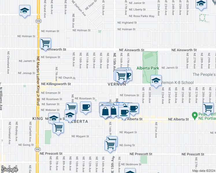 map of restaurants, bars, coffee shops, grocery stores, and more near 5421 Northeast 14th Place in Portland