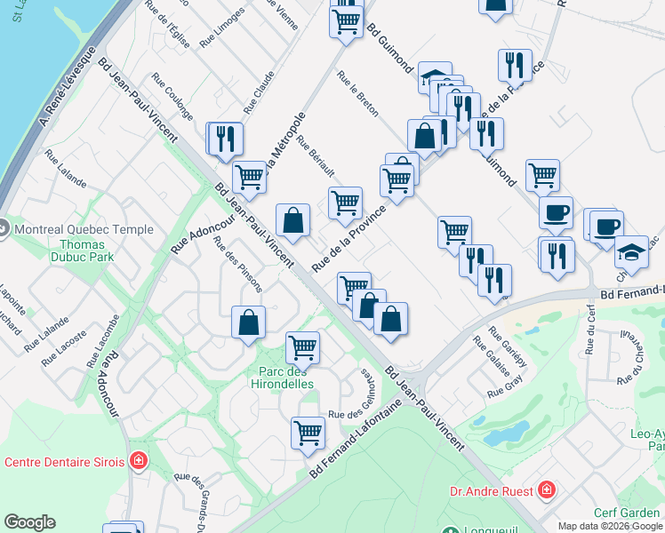 map of restaurants, bars, coffee shops, grocery stores, and more near 2028 Rue de la Province in Longueuil