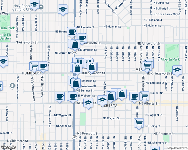 map of restaurants, bars, coffee shops, grocery stores, and more near 726 Northeast Killingsworth Street in Portland