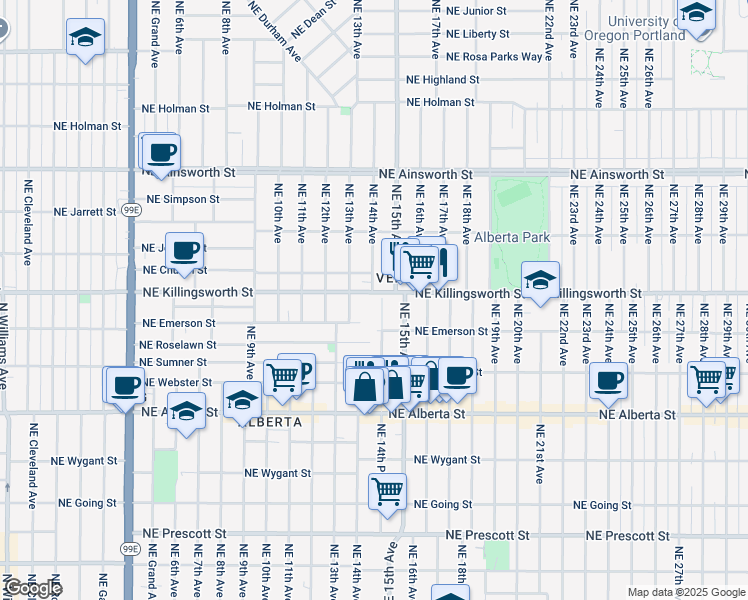 map of restaurants, bars, coffee shops, grocery stores, and more near 1420 Northeast Killingsworth Street in Portland