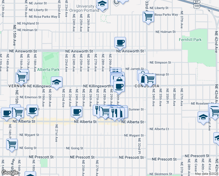 map of restaurants, bars, coffee shops, grocery stores, and more near 5431 Northeast 29th Avenue in Portland