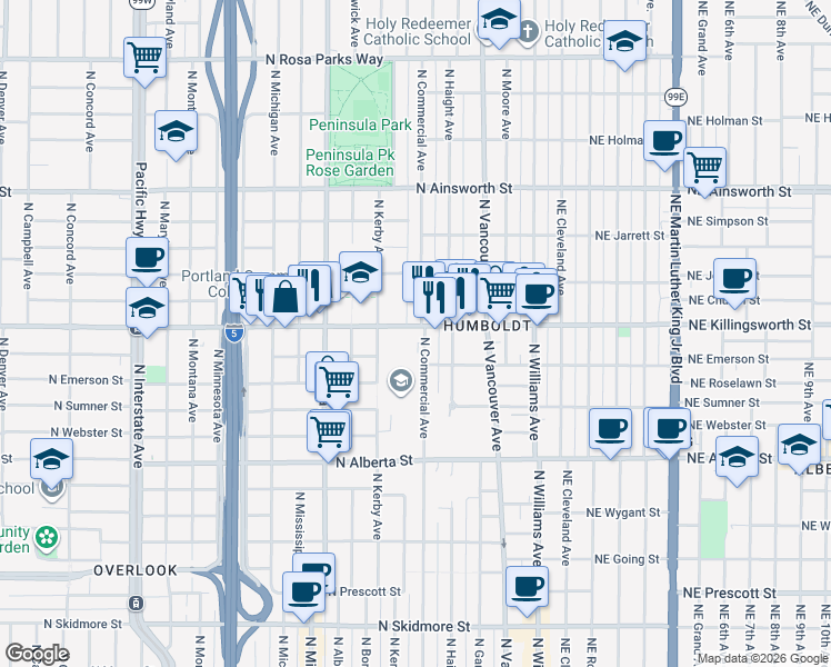 map of restaurants, bars, coffee shops, grocery stores, and more near 512 North Killingsworth Street in Portland