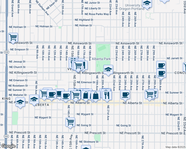 map of restaurants, bars, coffee shops, grocery stores, and more near 5431 Northeast 19th Avenue in Portland