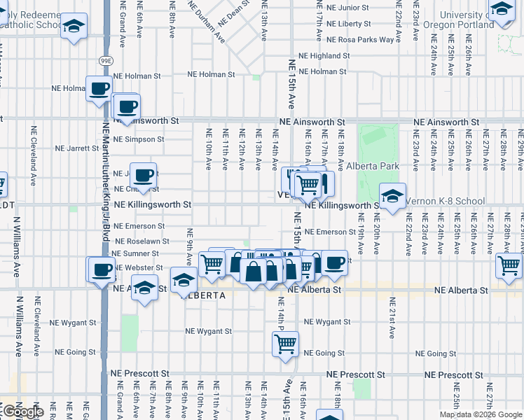 map of restaurants, bars, coffee shops, grocery stores, and more near 5420 Northeast 13th Avenue in Portland