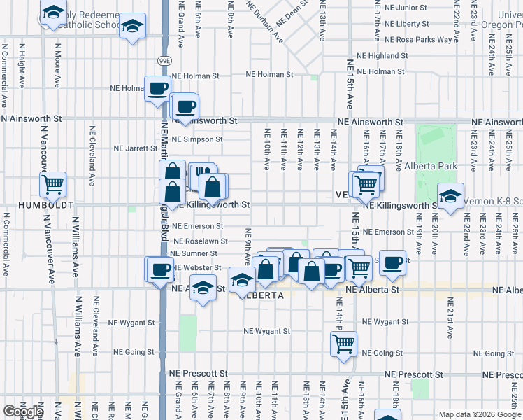 map of restaurants, bars, coffee shops, grocery stores, and more near 5414 Northeast 10th Avenue in Portland
