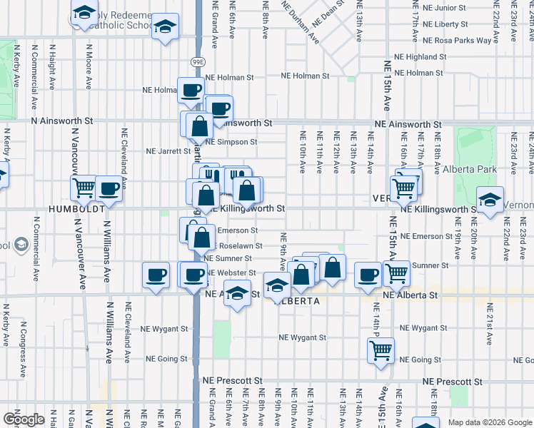 map of restaurants, bars, coffee shops, grocery stores, and more near 726 Northeast Killingsworth Street in Portland