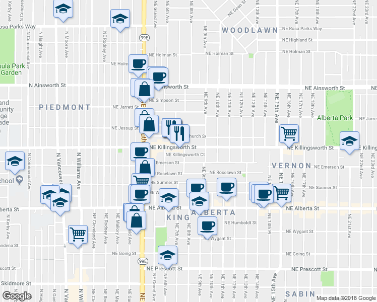 map of restaurants, bars, coffee shops, grocery stores, and more near 726 Northeast Killingsworth Street in Portland