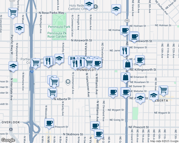 map of restaurants, bars, coffee shops, grocery stores, and more near in Portland