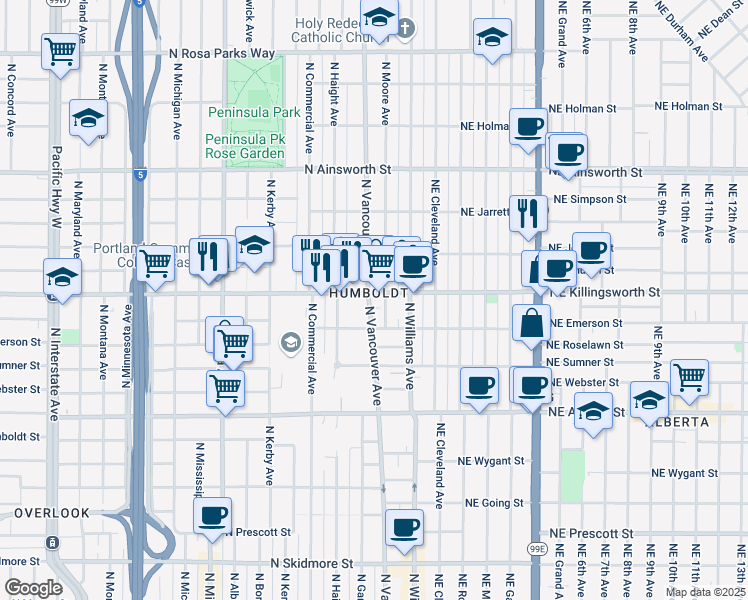 map of restaurants, bars, coffee shops, grocery stores, and more near in Portland