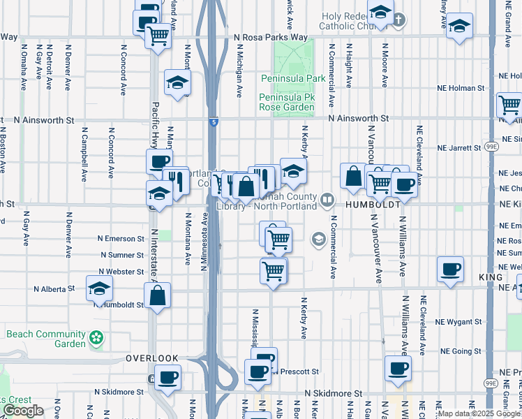 map of restaurants, bars, coffee shops, grocery stores, and more near 838 North Killingsworth Street in Portland