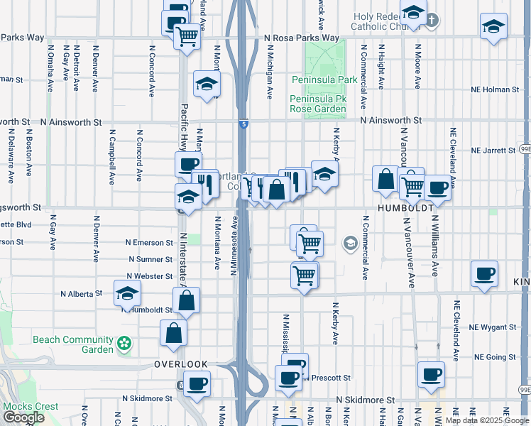 map of restaurants, bars, coffee shops, grocery stores, and more near 1010 North Killingsworth Street in Portland