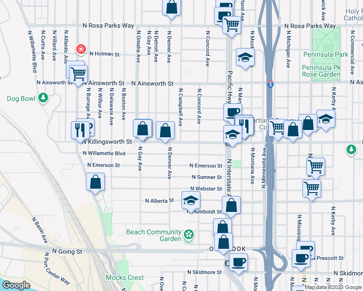 map of restaurants, bars, coffee shops, grocery stores, and more near 1850 North Killingsworth Street in Portland