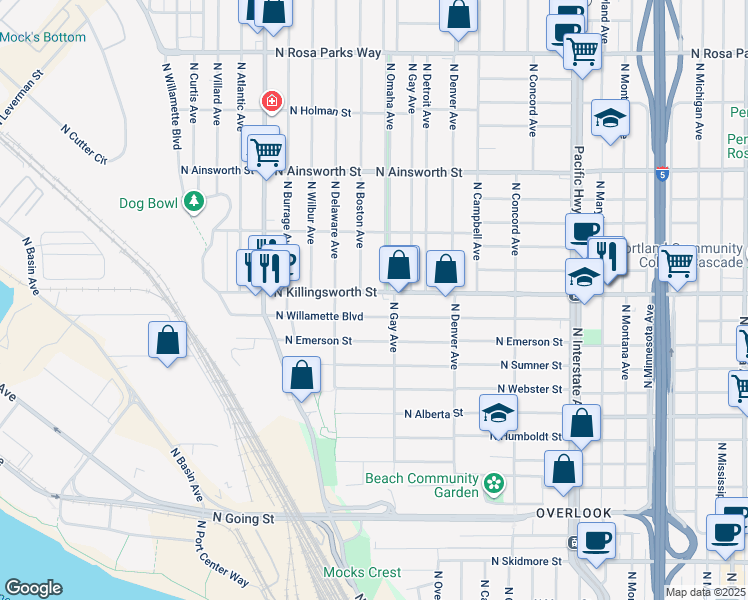 map of restaurants, bars, coffee shops, grocery stores, and more near 2316 North Killingsworth Street in Portland