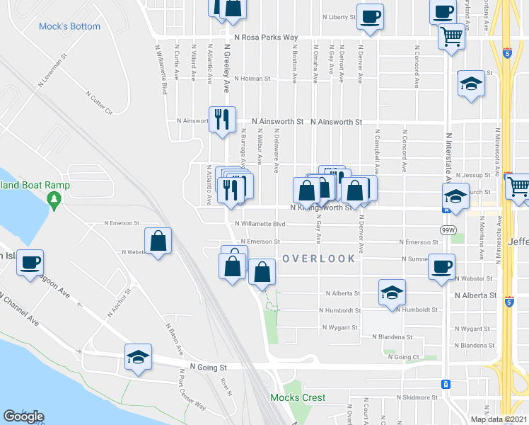 map of restaurants, bars, coffee shops, grocery stores, and more near 2612 North Killingsworth Street in Portland