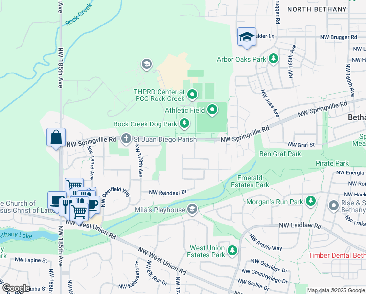 map of restaurants, bars, coffee shops, grocery stores, and more near 17516 Northwest Springville Road in Portland