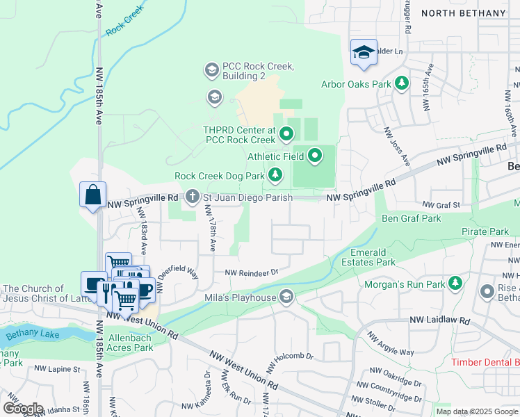 map of restaurants, bars, coffee shops, grocery stores, and more near 17516 Northwest Springville Road in Portland