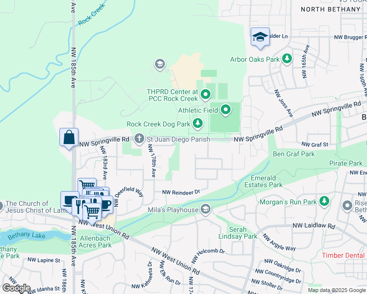 map of restaurants, bars, coffee shops, grocery stores, and more near 17516 Northwest Springville Road in Portland