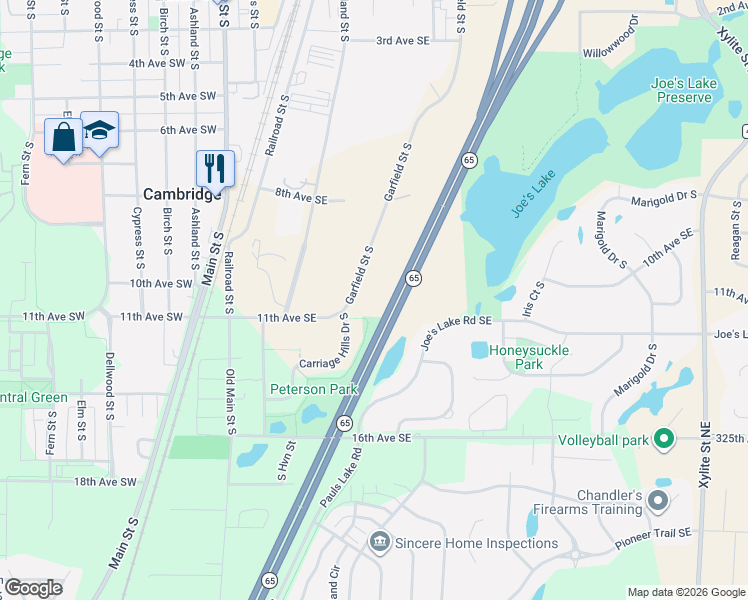 map of restaurants, bars, coffee shops, grocery stores, and more near Highway 65 in Cambridge