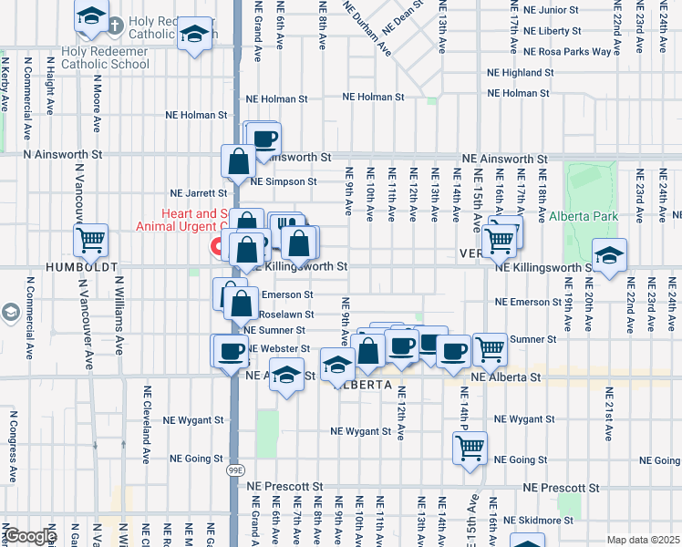 map of restaurants, bars, coffee shops, grocery stores, and more near 866 NE Killingsworth St in Portland